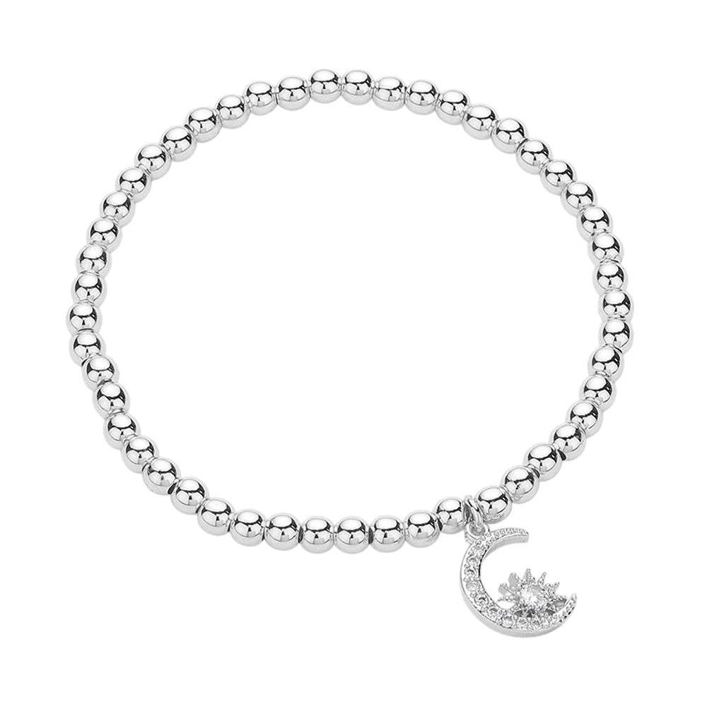 Stainless Steel Stone Paved Crescent Star Charm Stretch Ball Bracelet - Madeline Love - Flyclothing LLC