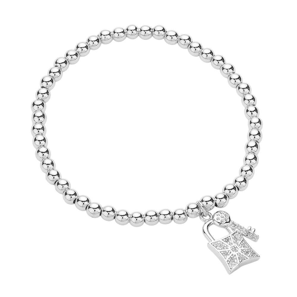 Stainless Steel Stone Paved Key and Lock Charm Stretch Ball Bracelet - Madeline Love - Flyclothing LLC