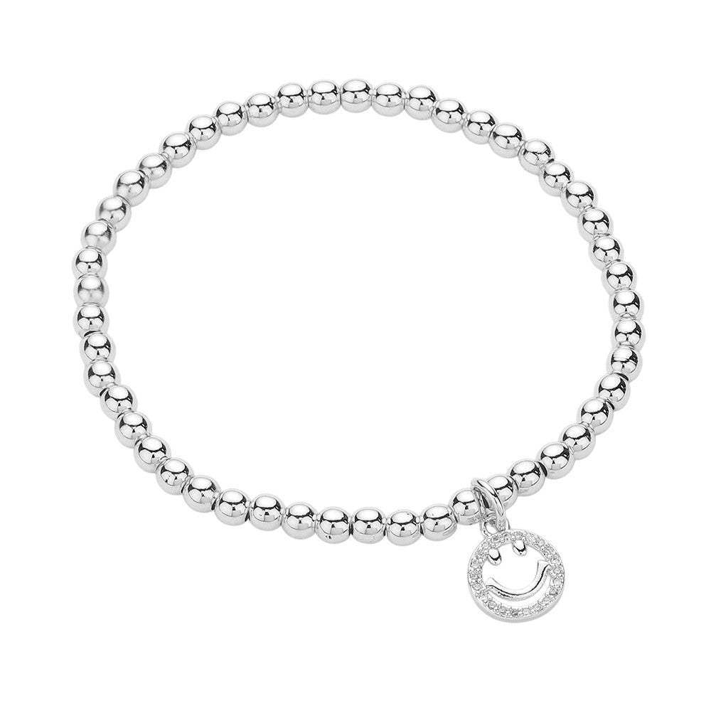 Stainless Steel Stone Paved Smile Emoji Charm Stretch Ball Bracelet - Madeline Love - Flyclothing LLC