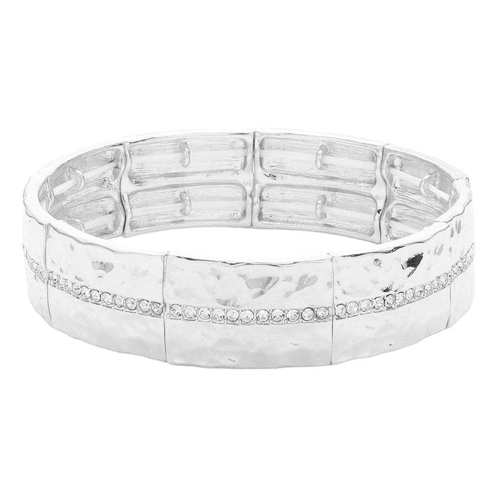 Stone Paved Line Center Pointed Hammered Metal Stretch Bracelet - Madeline Love - Flyclothing LLC