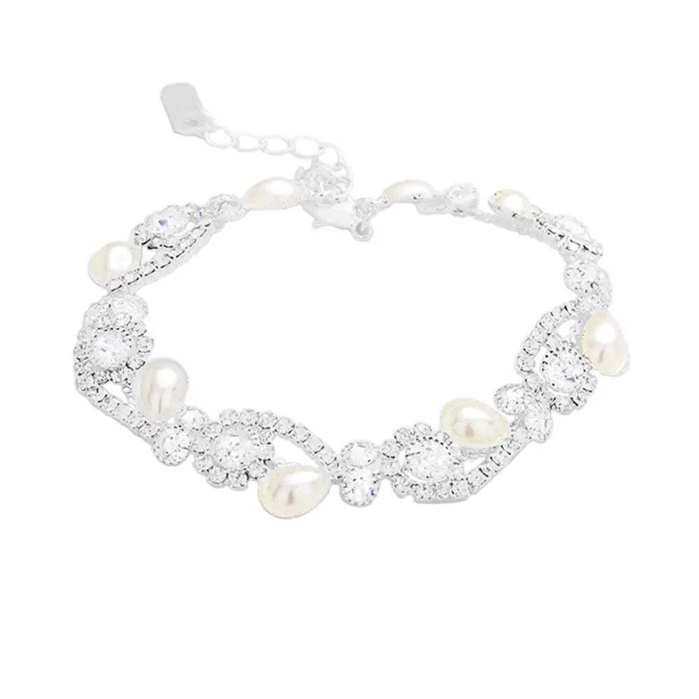 Teardrop Pearl Rhinestone Pave Floral Evening Bracelet - Madeline Love - Flyclothing LLC