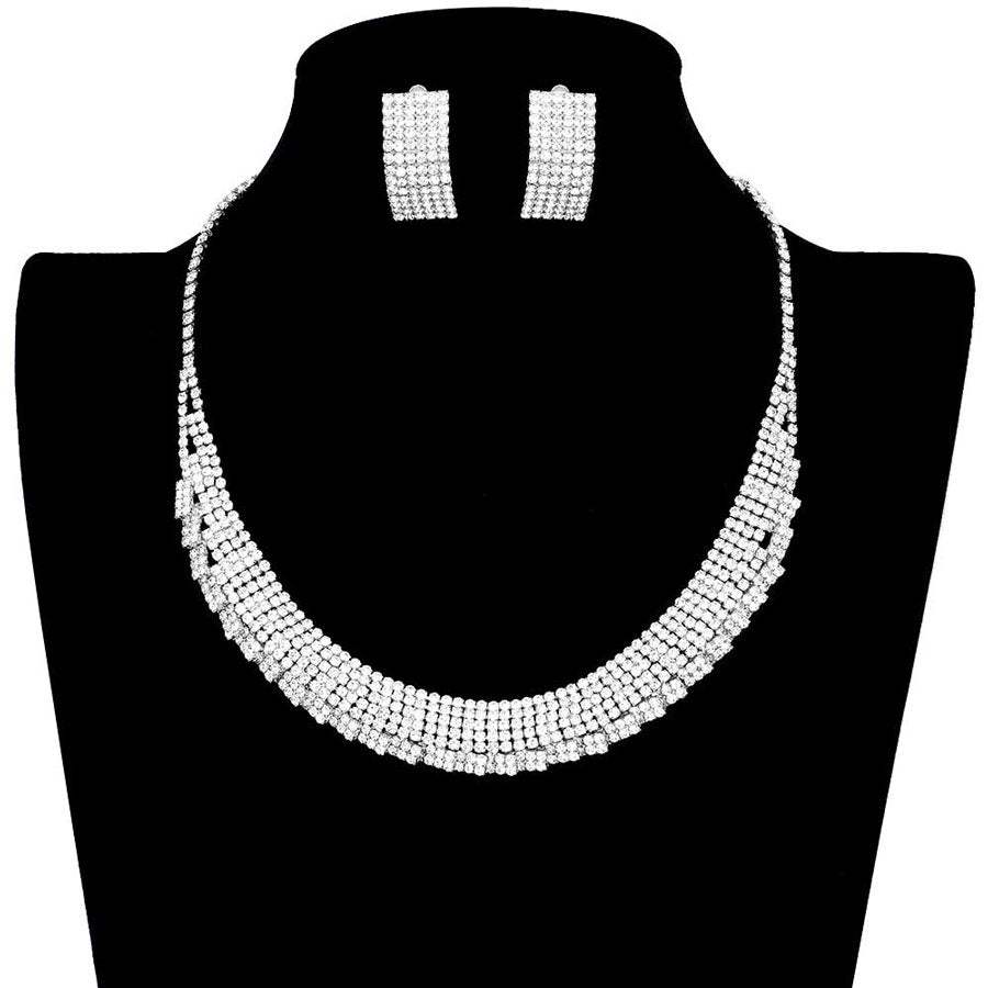Trendy Crystal Rhinestone Pave Collar Necklace Earring Set - Madeline Love - Flyclothing LLC