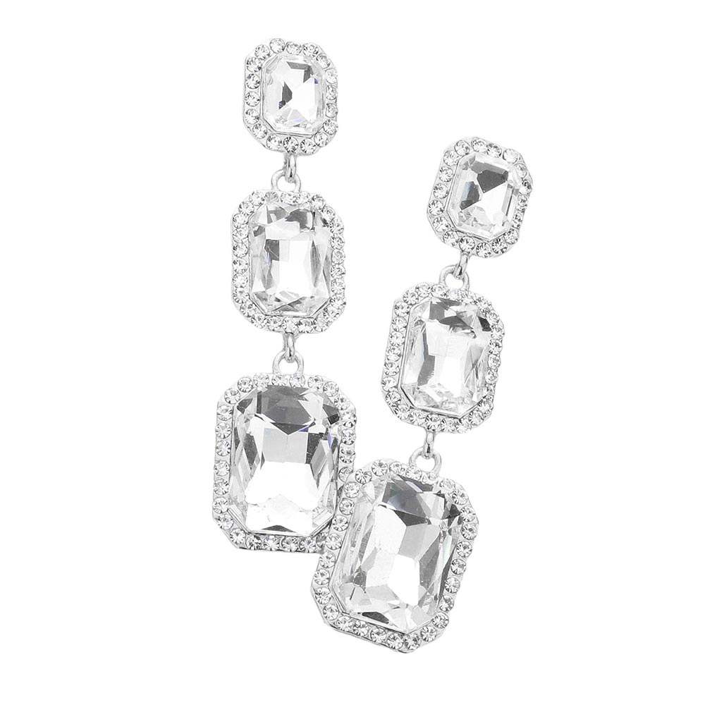 Triple Emerald Cut Stone Link Dangle Evening Earrings - Madeline Love - Flyclothing LLC