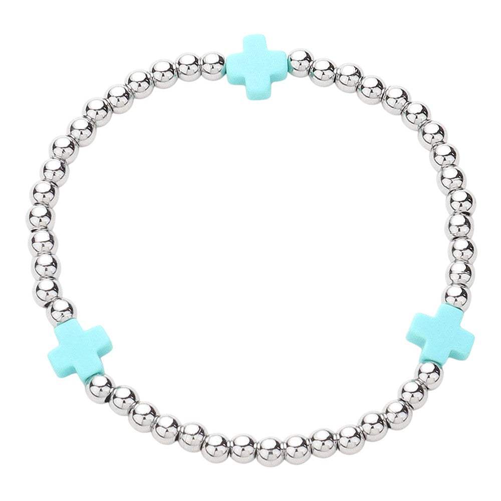 Cross Pointed Stainless Steel Ball Beaded Stretch Bracelet - Madeline Love - Flyclothing LLC