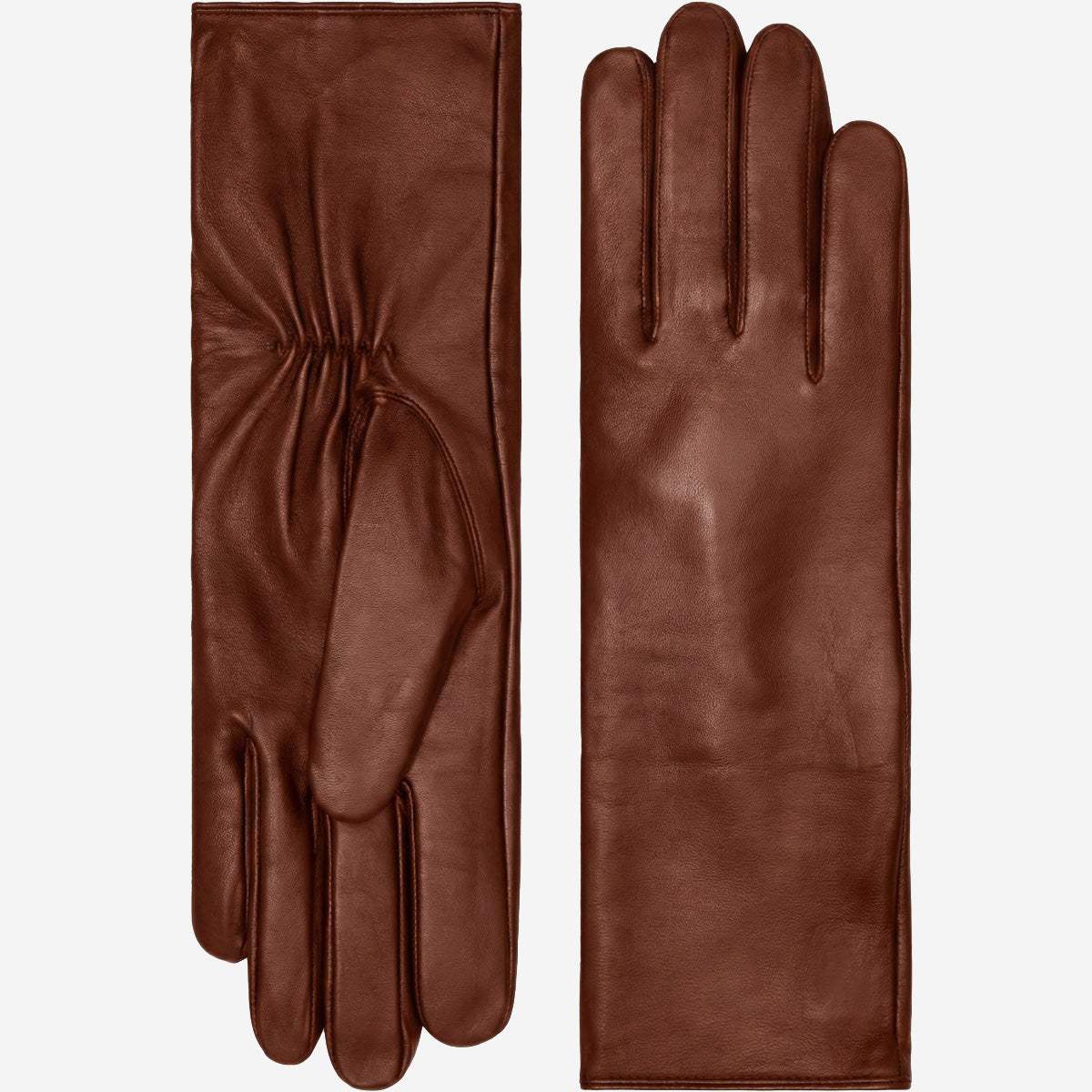 Skylar (brown) – Extra-long sheepskin leather gloves with wool/cashmere lining & touchscreen capability - Leather Gloves Online - Flyclothing LLC