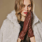 Skylar (brown) – Extra-long sheepskin leather gloves with wool/cashmere lining & touchscreen capability - Leather Gloves Online - Flyclothing LLC