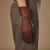 Skylar (brown) – Extra-long sheepskin leather gloves with wool/cashmere lining & touchscreen capability - Leather Gloves Online - Flyclothing LLC