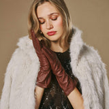Skylar (brown) – Extra-long sheepskin leather gloves with wool/cashmere lining & touchscreen capability - Leather Gloves Online - Flyclothing LLC