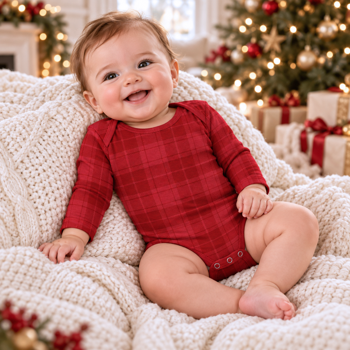 Red Plaid Baby Bodysuit In Soft Cotton Rib - Holiday One Piece - Tesa Babe - Flyclothing LLC