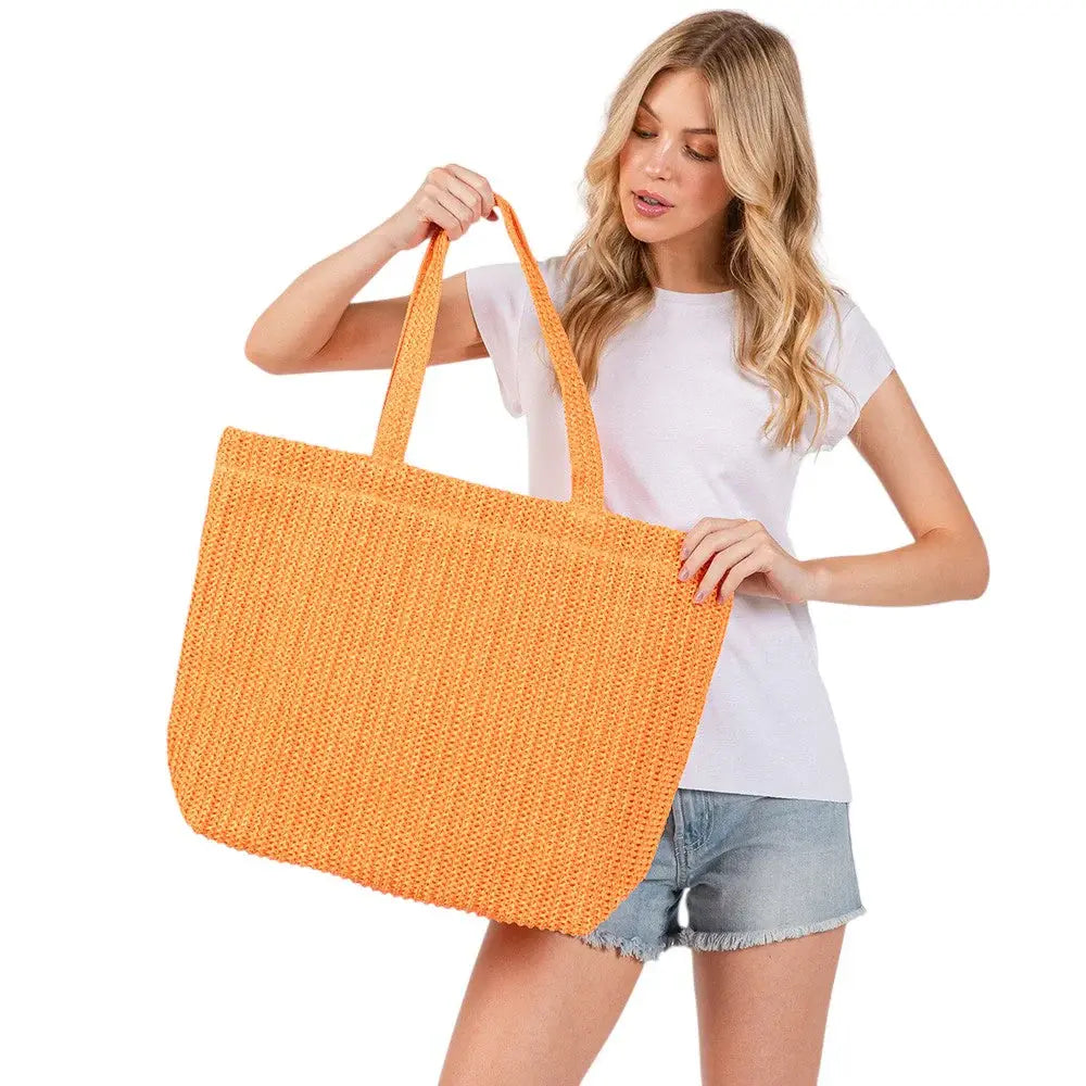 Solid Crochet Straw Tote Bag / Beach Bag - Madeline Love - Flyclothing LLC