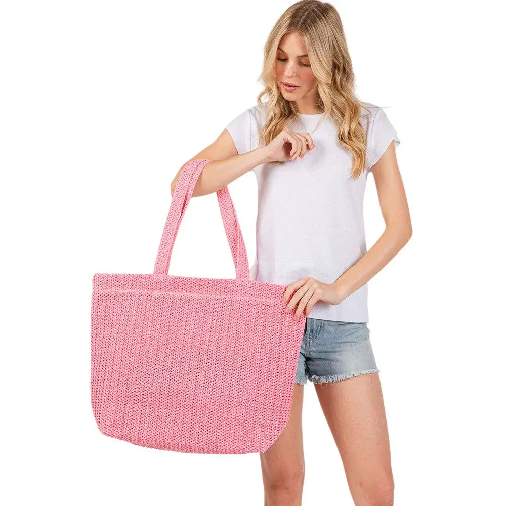 Solid Crochet Straw Tote Bag / Beach Bag - Madeline Love - Flyclothing LLC