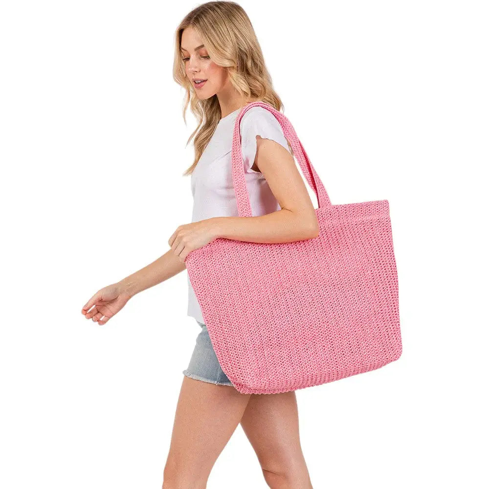 Solid Crochet Straw Tote Bag / Beach Bag - Madeline Love - Flyclothing LLC