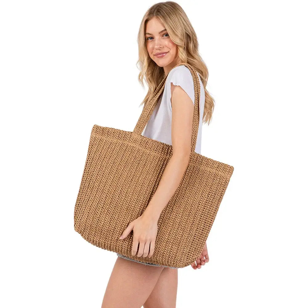 Solid Crochet Straw Tote Bag / Beach Bag - Madeline Love - Flyclothing LLC