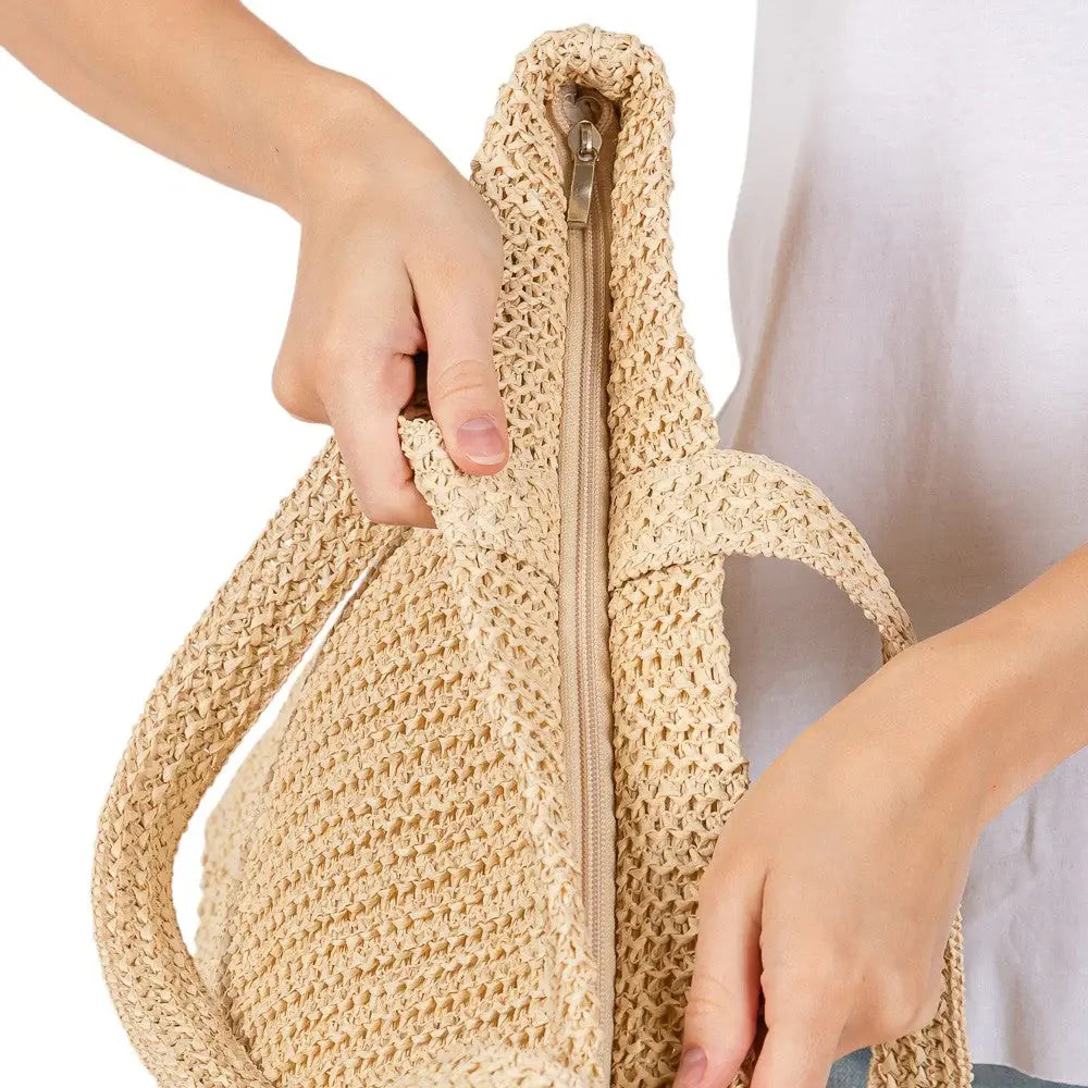 Solid Crochet Straw Tote Bag / Beach Bag - Madeline Love - Flyclothing LLC