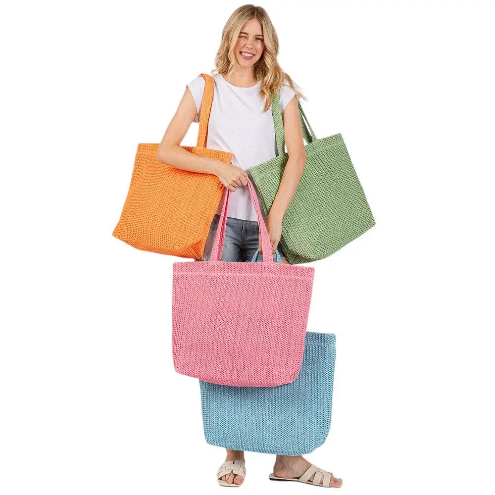 Solid Crochet Straw Tote Bag / Beach Bag - Madeline Love - Flyclothing LLC