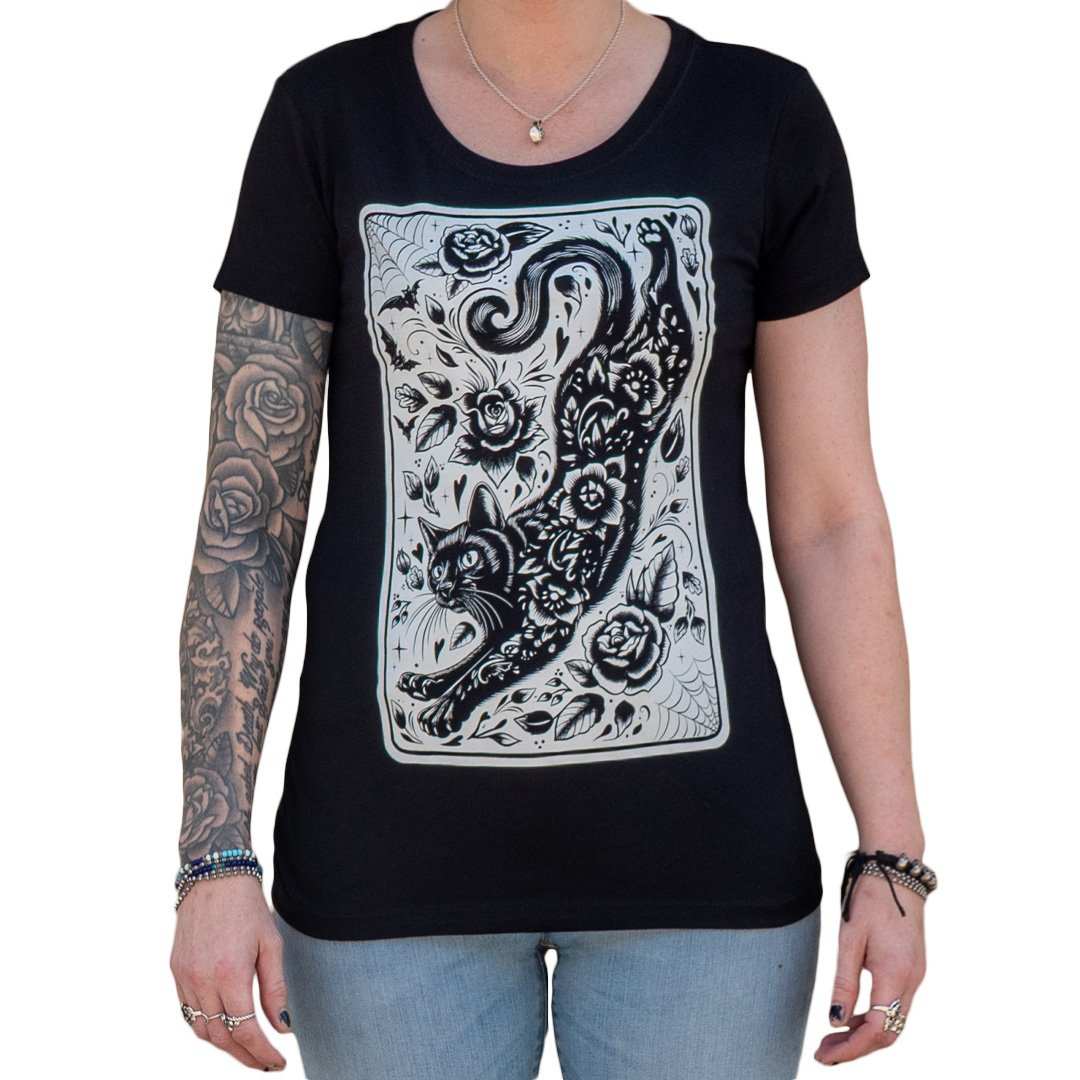 Black Market Art Company SPIRIT ANIMAL Women's Loose Neck T-Shirt| Goth tee| Cat TShirt - Black Market Art Company - Flyclothing LLC