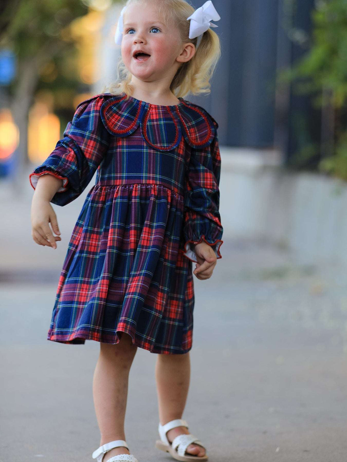 Fall Plaid Girl Dress Petal Collar Puff Sleeve Long Sleeve - Rylee Faith Designs - Flyclothing LLC