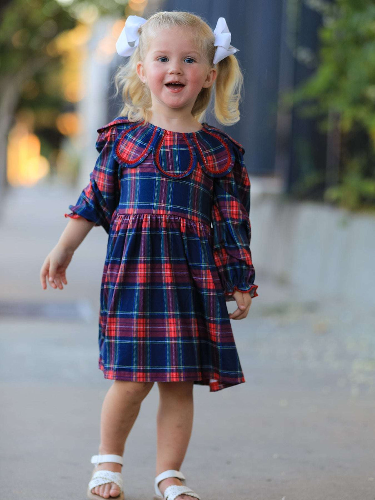 Fall Plaid Girl Dress Petal Collar Puff Sleeve Long Sleeve - Rylee Faith Designs - Flyclothing LLC