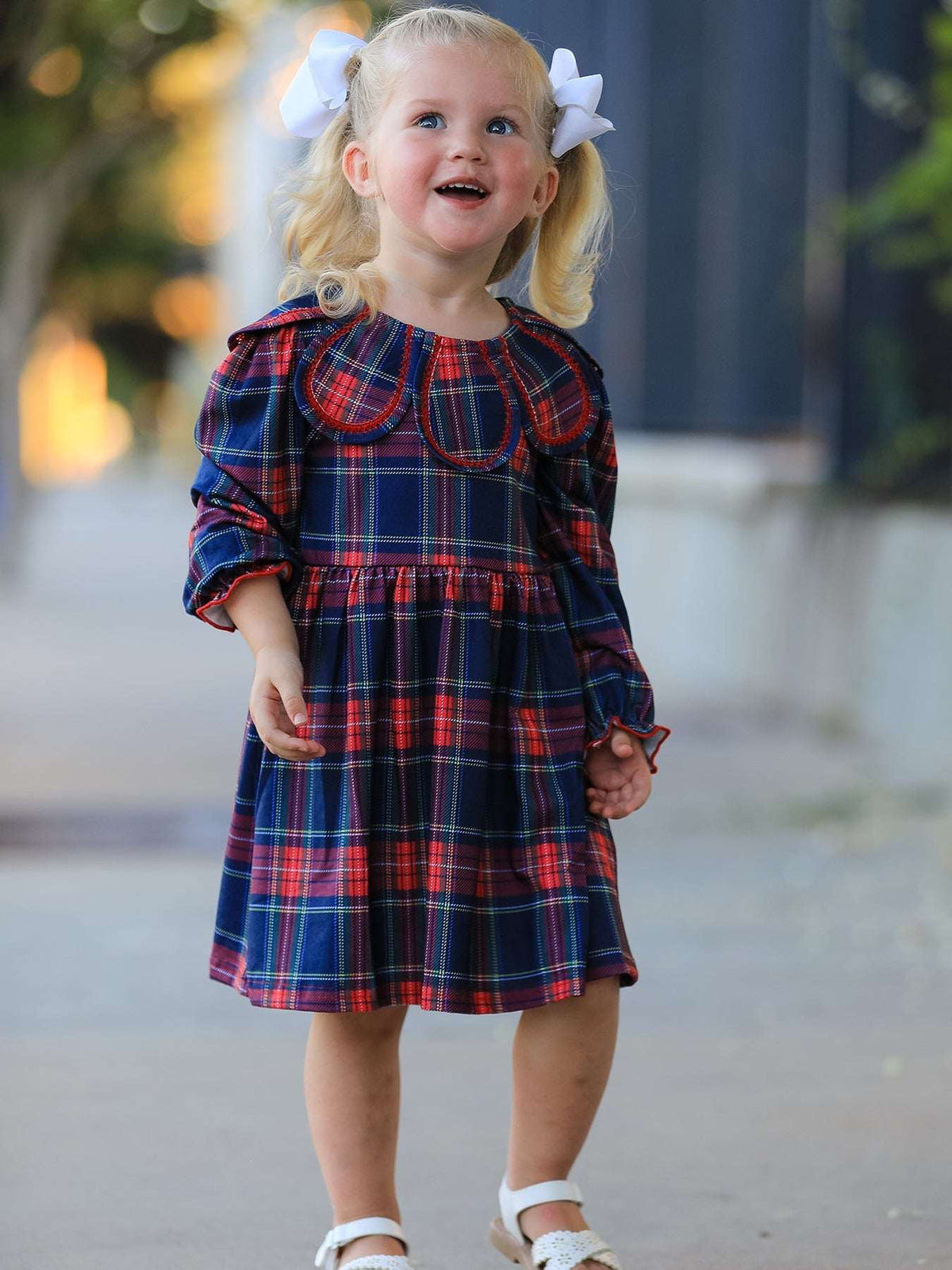 Fall Plaid Girl Dress Petal Collar Puff Sleeve Long Sleeve - Rylee Faith Designs - Flyclothing LLC