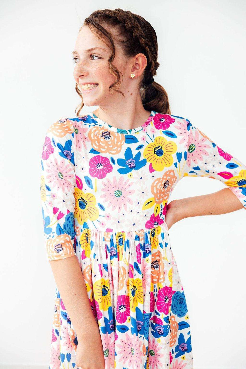 Sunshine Floral 3/4 Sleeve Pocket Twirl Dress - Mila & Rose ® - Flyclothing LLC