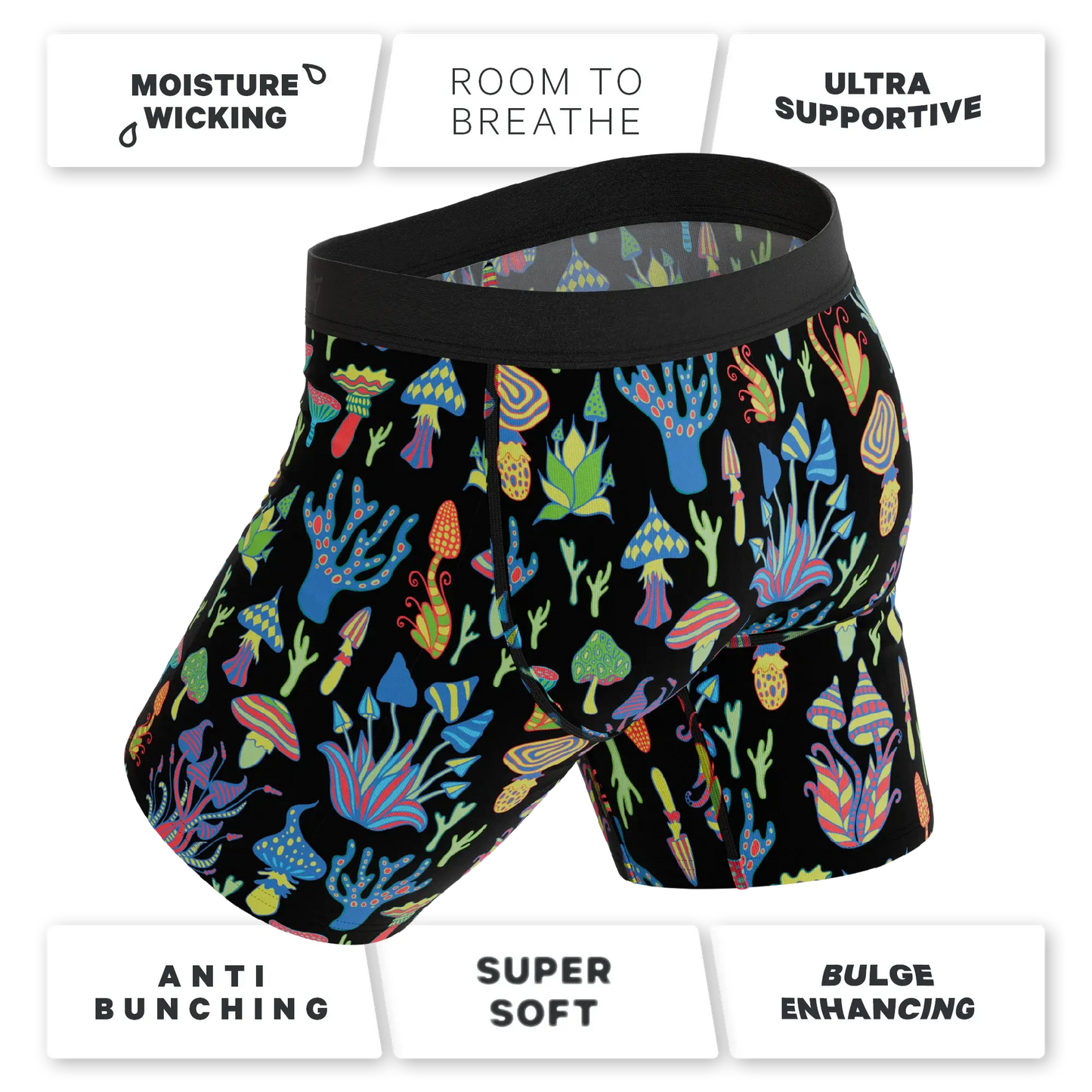 The Super Shroom | Neon Mushrooms Long Leg Ball Hammock® Pouch Underwear With Fly - Shinesty - Flyclothing LLC