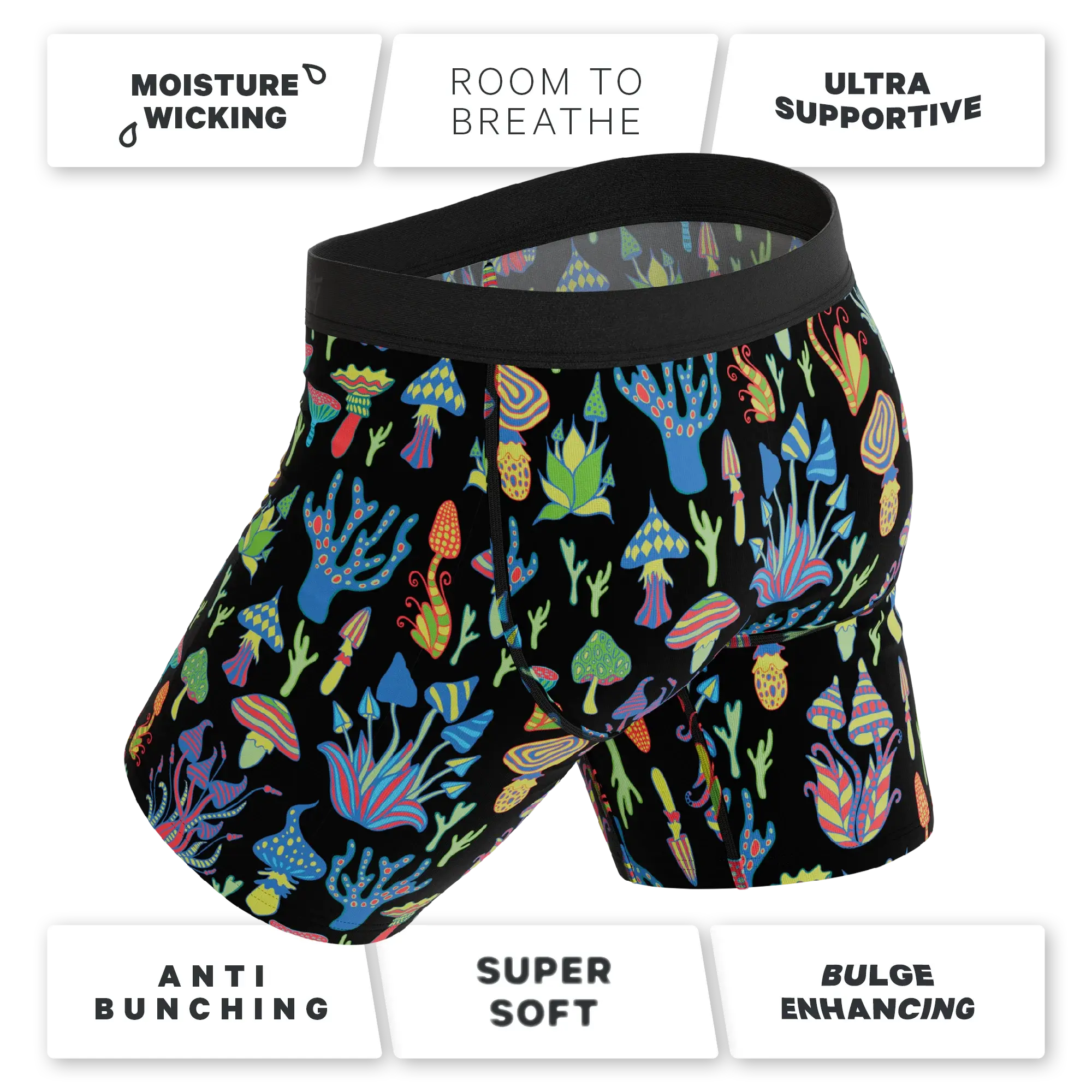 The Super Shroom | Neon Mushrooms Long Leg Ball Hammock® Pouch Underwear With Fly - Shinesty - Flyclothing LLC