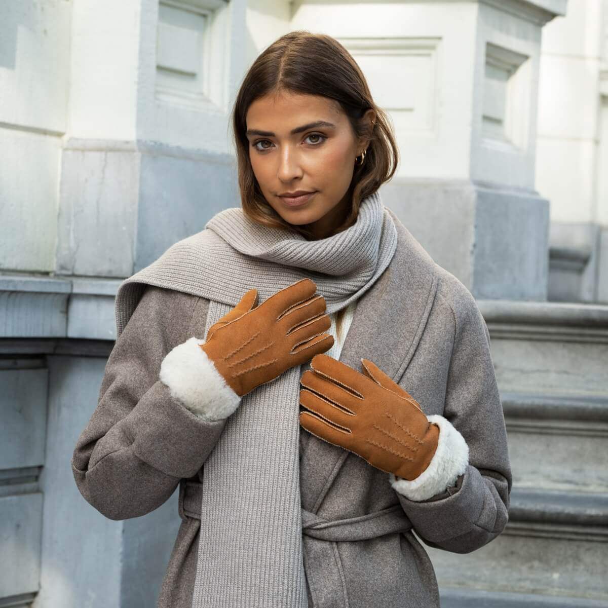 Sydney (camel) – Suede leather gloves with luxurious sheep fur lining - Leather Gloves Online - Flyclothing LLC