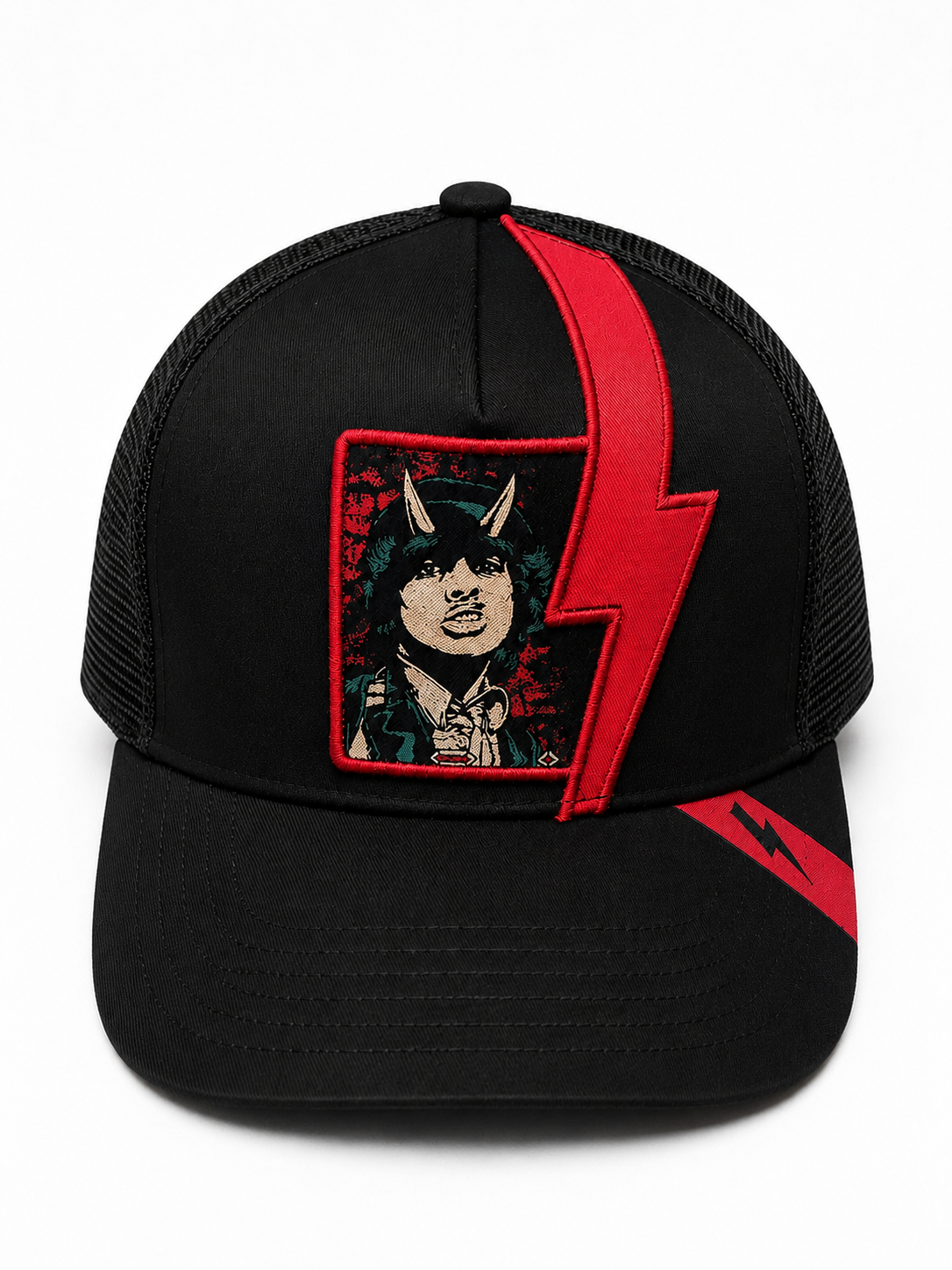 AC/DC Bon Bolt Cut Fabric/Embroidered Black 5 Panel Trucker Hat