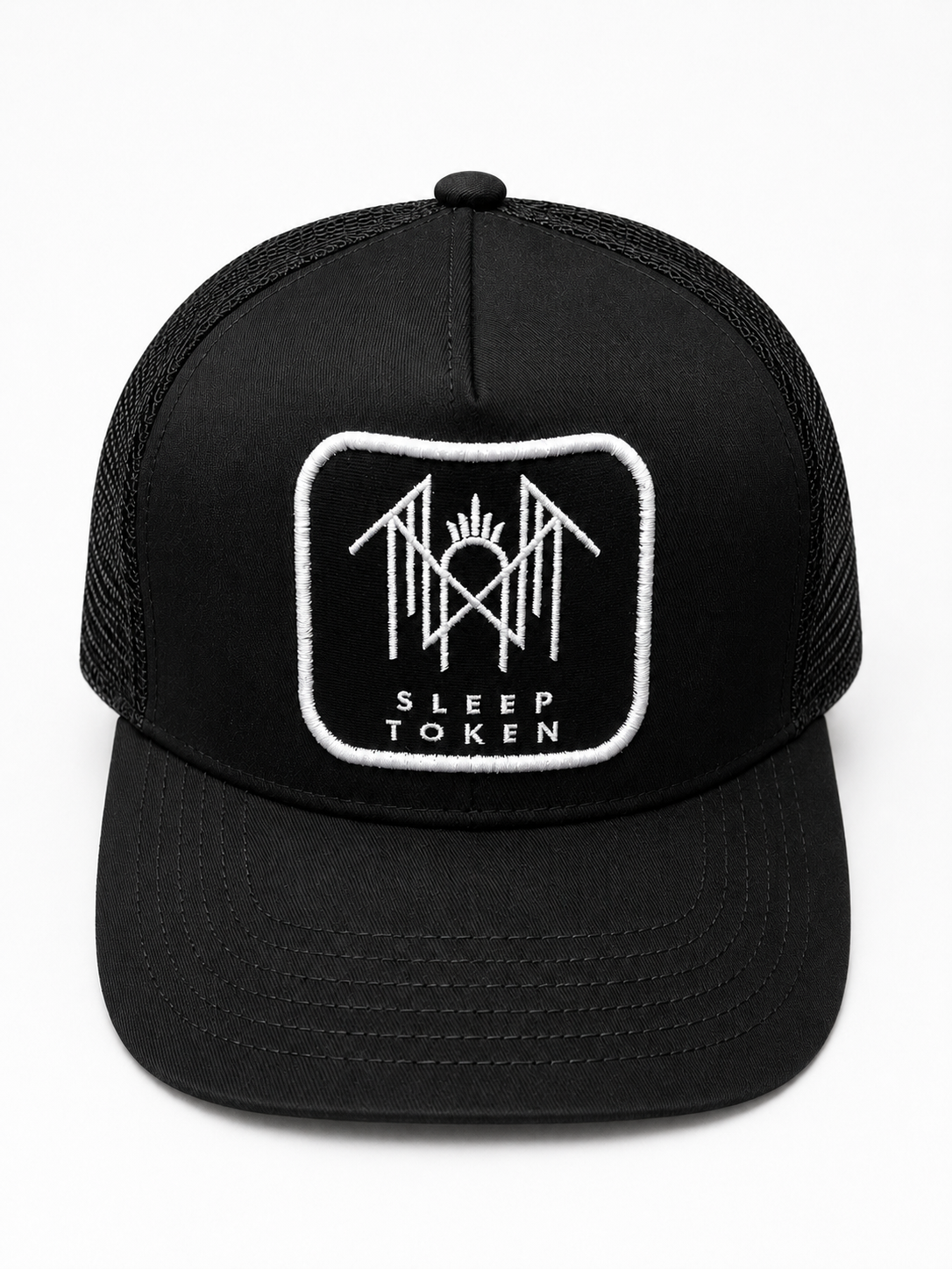 Sleep Token 
Cut Fabric Embroidery Patch,
Screen Print Underbill Black 5 Panel Trucker Hat