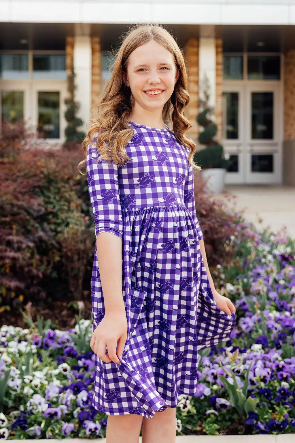 TCU Plaid Frog 3/4 Sleeve Pocket Twirl Dress - Mila & Rose ® - Flyclothing LLC