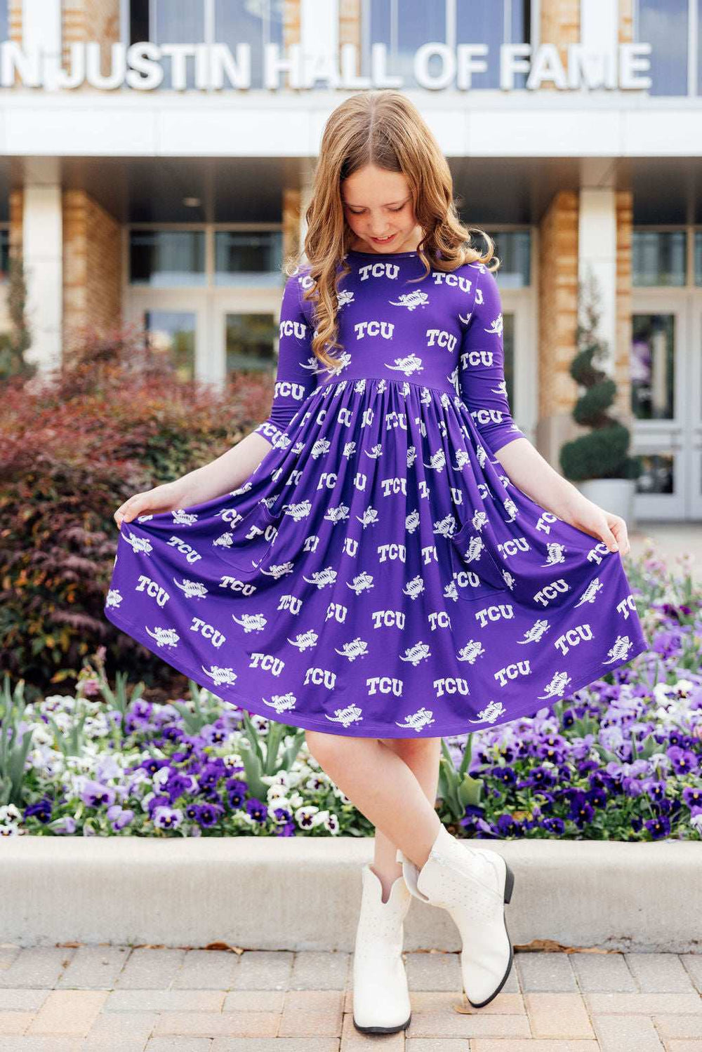 TCU Purple Frog 3/4 Sleeve Pocket Twirl Dress - Mila & Rose ® - Flyclothing LLC