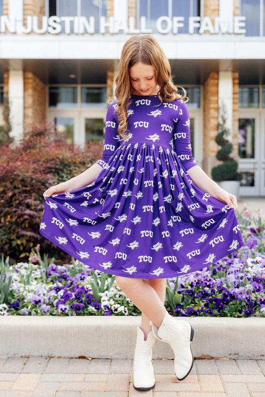 TCU Purple Frog 3/4 Sleeve Pocket Twirl Dress - Mila & Rose ® - Flyclothing LLC