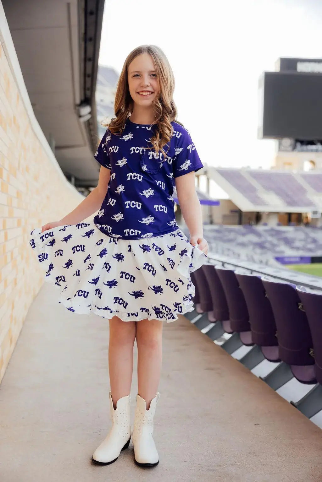 TCU Purple Frog Ruffle Pocket Tee - Mila & Rose ® - Flyclothing LLC