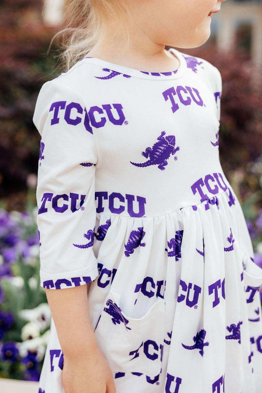TCU White Frog 3/4 Sleeve Pocket Twirl Dress - Mila & Rose ® - Flyclothing LLC
