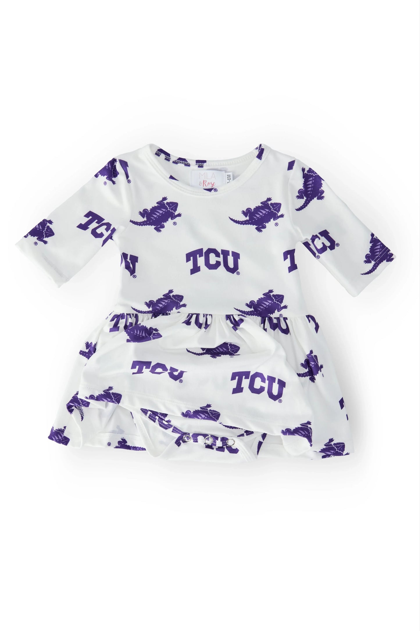 TCU White Frog 3/4 Sleeve Twirl Bodysuit - Mila & Rose ® - Flyclothing LLC