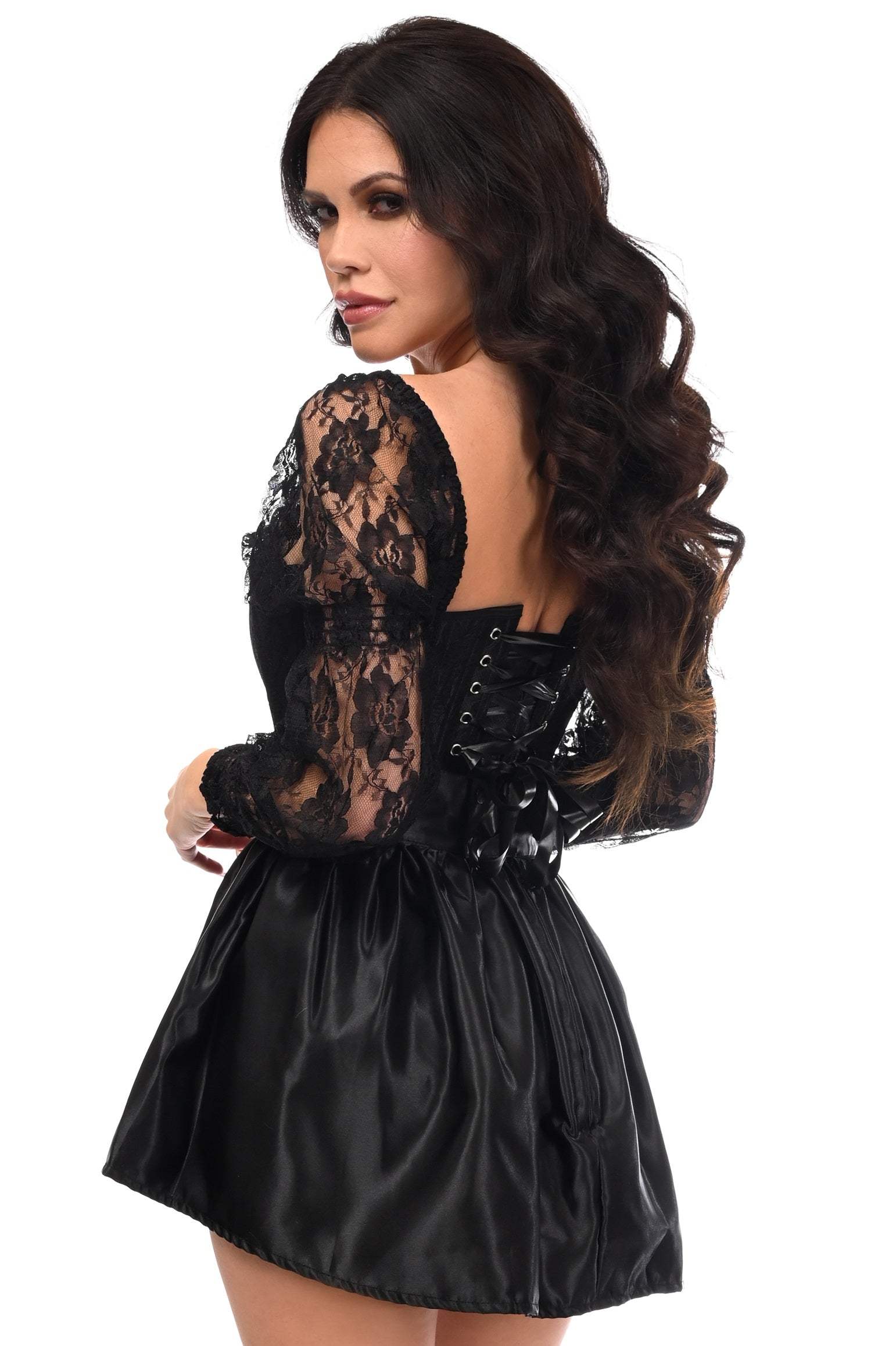 Daisy Corsets Top Drawer 2 PC Black Lace Steel Boned Corset & Satin Skirt Set - Daisy Corsets - Flyclothing LLC
