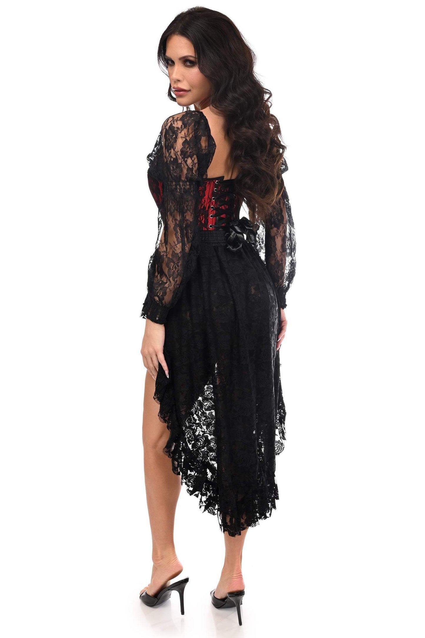Daisy Corsets Top Drawer 2 PC Red/Black Lace Steel Boned Corset & Lace Skirt Set - Daisy Corsets - Flyclothing LLC