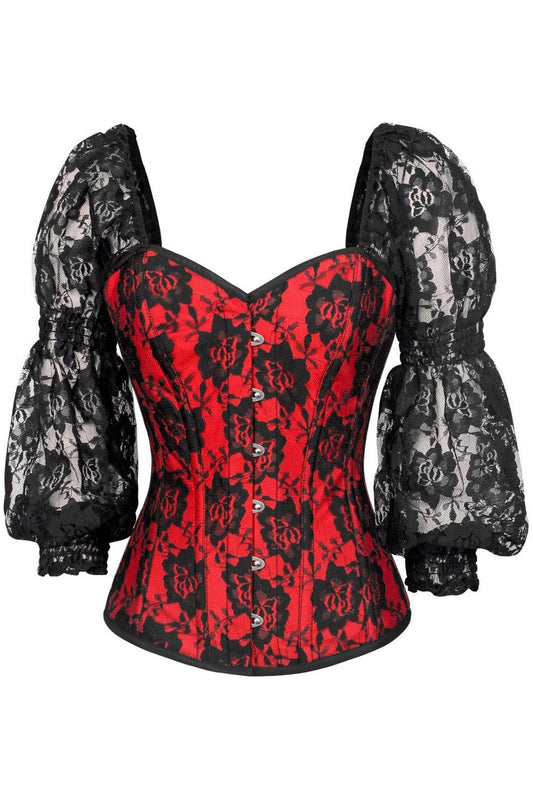 Daisy Corsets Top Drawer Red w/Black Lace Steel Boned Long Sleeve Corset - Daisy Corsets