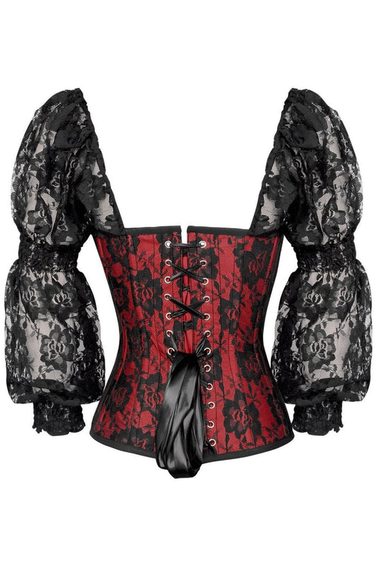 Daisy Corsets Top Drawer Red w/Black Lace Steel Boned Long Sleeve Corset - Daisy Corsets