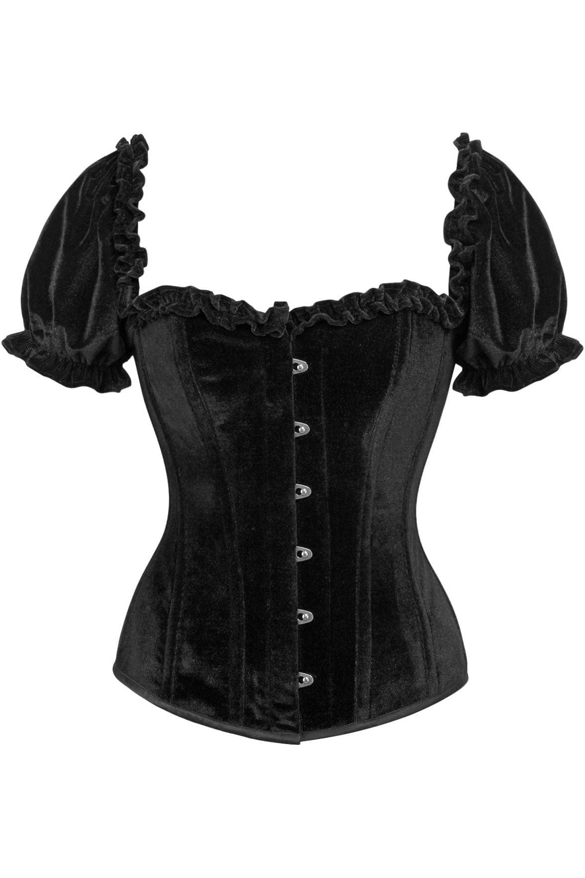 Daisy Corsets Top Drawer Steel Boned Black Velvet Overbust Corset w/Sleeves - Daisy Corsets