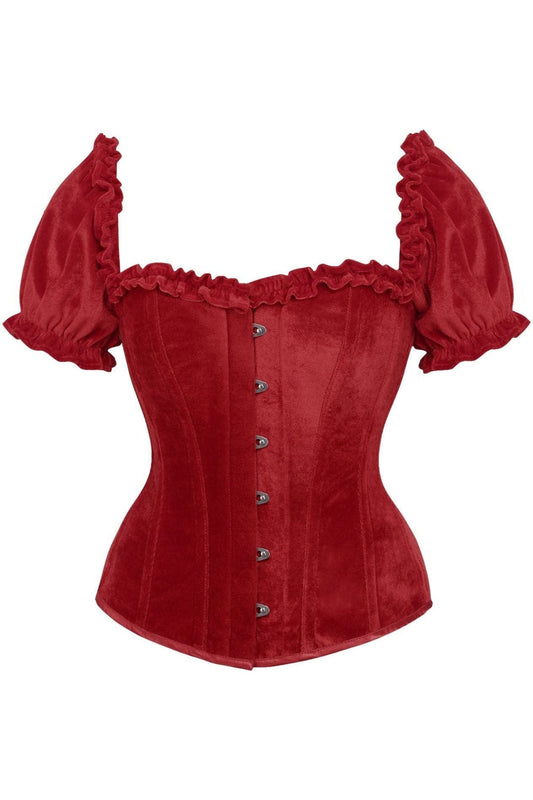 Daisy Corsets Top Drawer Steel Boned Dark Red Velvet Overbust Corset w/Sleeves - Daisy Corsets