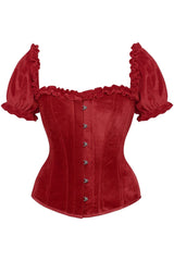 Daisy Corsets Top Drawer Steel Boned Dark Red Velvet Overbust Corset w/Sleeves - Daisy Corsets