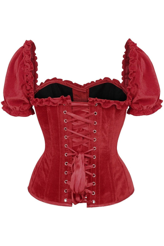 Daisy Corsets Top Drawer Steel Boned Dark Red Velvet Overbust Corset w/Sleeves - Daisy Corsets