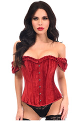 Daisy Corsets Top Drawer Steel Boned Dark Red Velvet Overbust Corset w/Sleeves - Daisy Corsets