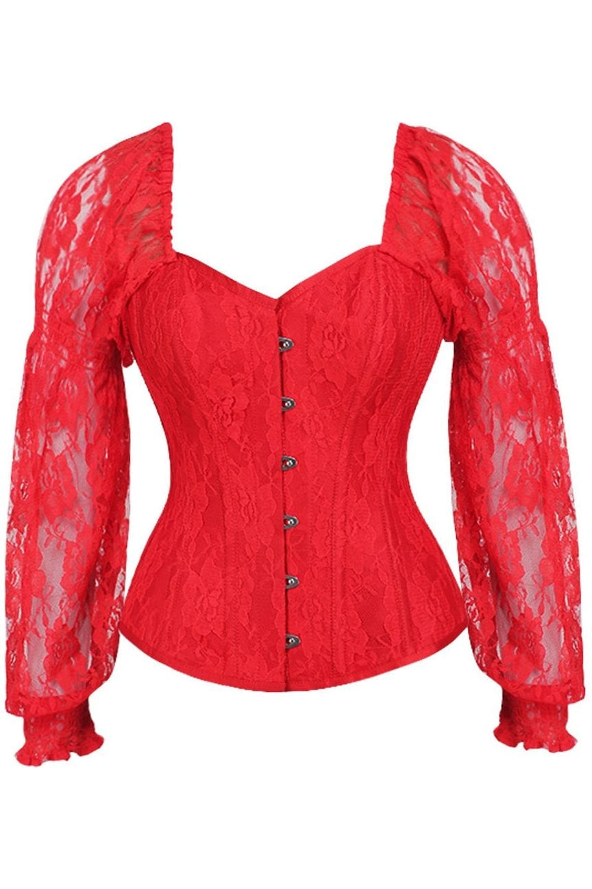 Daisy Corsets Top Drawer Red w/Red Lace Steel Boned Long Sleeve Corset - Daisy Corsets