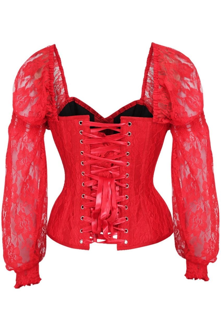 Daisy Corsets Top Drawer Red w/Red Lace Steel Boned Long Sleeve Corset - Daisy Corsets