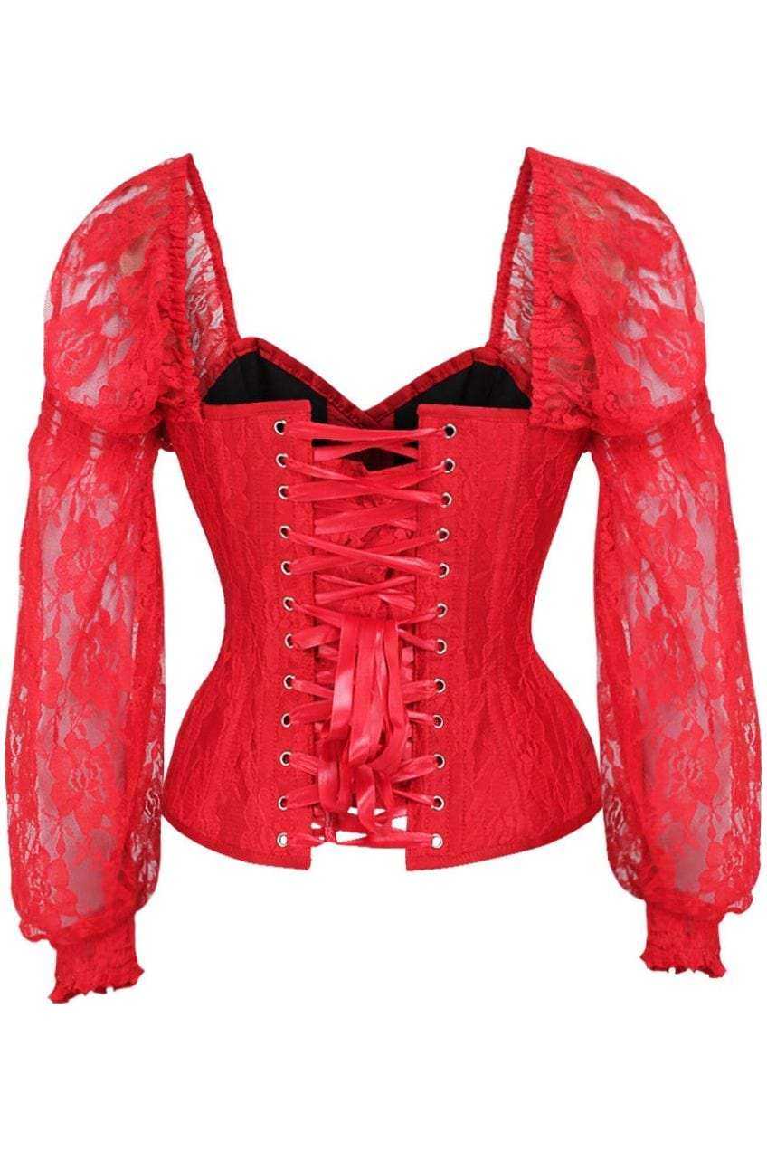 Daisy Corsets Top Drawer Red w/Red Lace Steel Boned Long Sleeve Corset - Daisy Corsets - Flyclothing LLC
