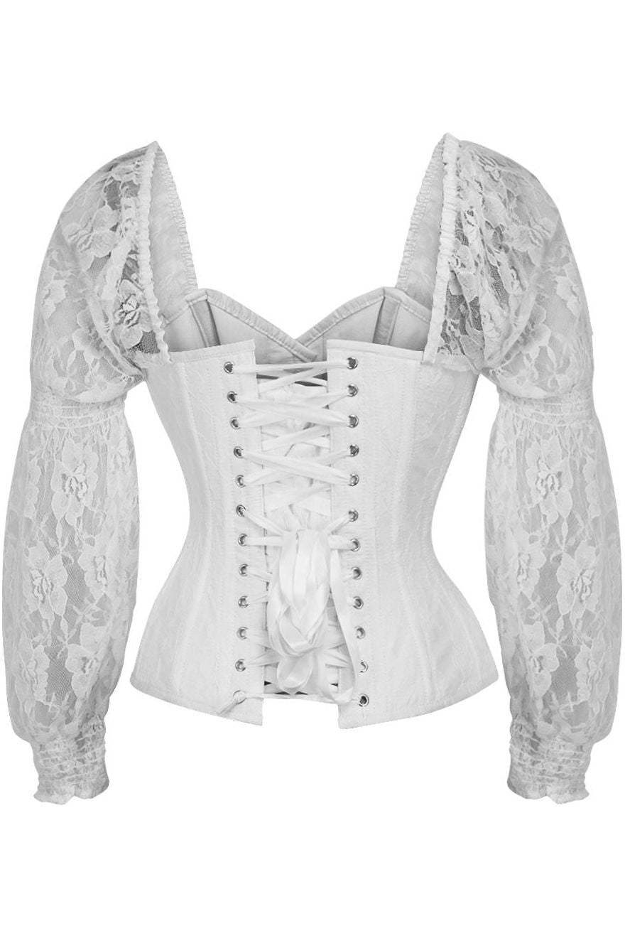 Daisy Corsets Top Drawer White w/White Lace Steel Boned Long Sleeve Corset - Daisy Corsets - Flyclothing LLC