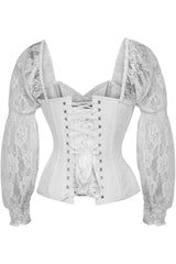 Daisy Corsets Top Drawer White w/White Lace Steel Boned Long Sleeve Corset