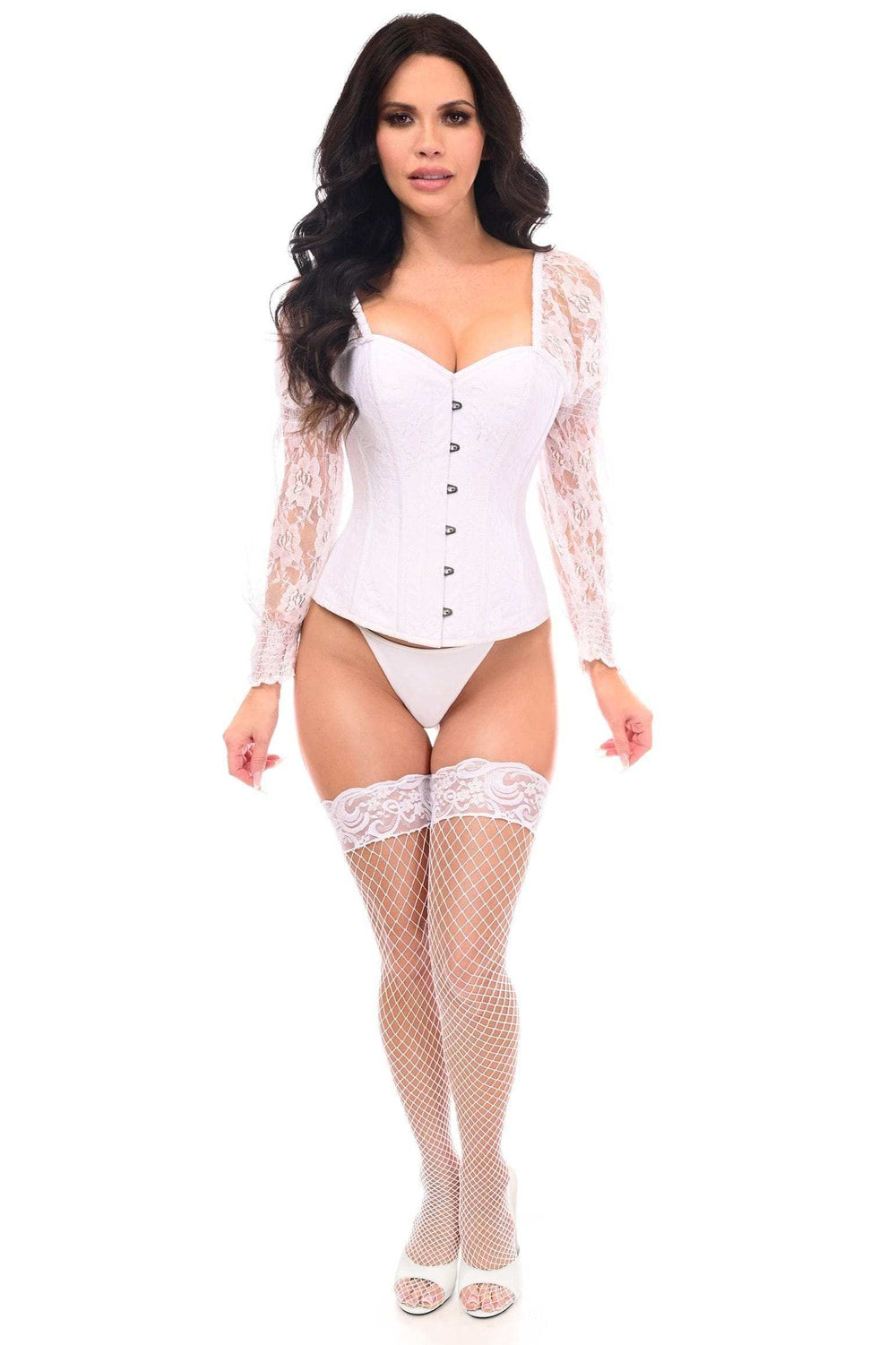 Daisy Corsets Top Drawer White w/White Lace Steel Boned Long Sleeve Corset - Daisy Corsets - Flyclothing LLC